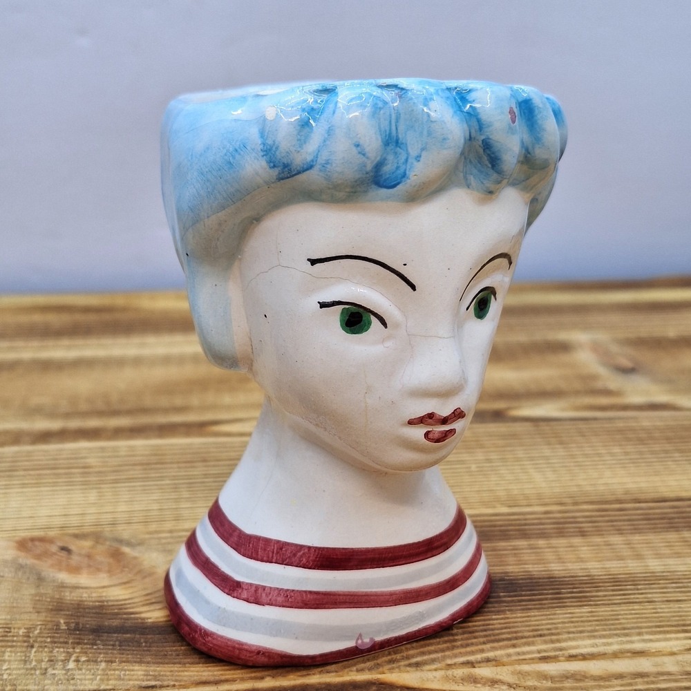 Vintage Italian Lady‎ Head Figure Egg Cup Pottery Italy Signed Beach Red Blue